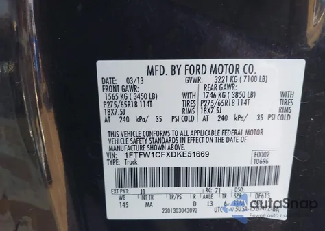 2013 Ford F-150 Xlt from USA, damaged, VIN 1FTFW1CFXDKE51669